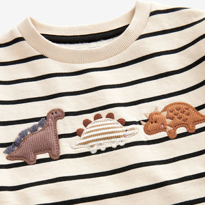 Ecru Cream Stripe Dinosaur Embroidered Crew Neck Sweatshirt (3mths-6yrs)