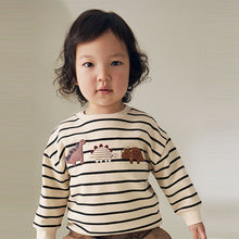 Load image into Gallery viewer, Ecru Cream Stripe Dinosaur Embroidered Crew Neck Sweatshirt (3mths-6yrs)
