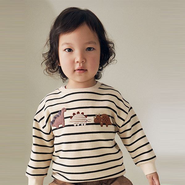 Ecru Cream Stripe Dinosaur Embroidered Crew Neck Sweatshirt (3mths-6yrs)