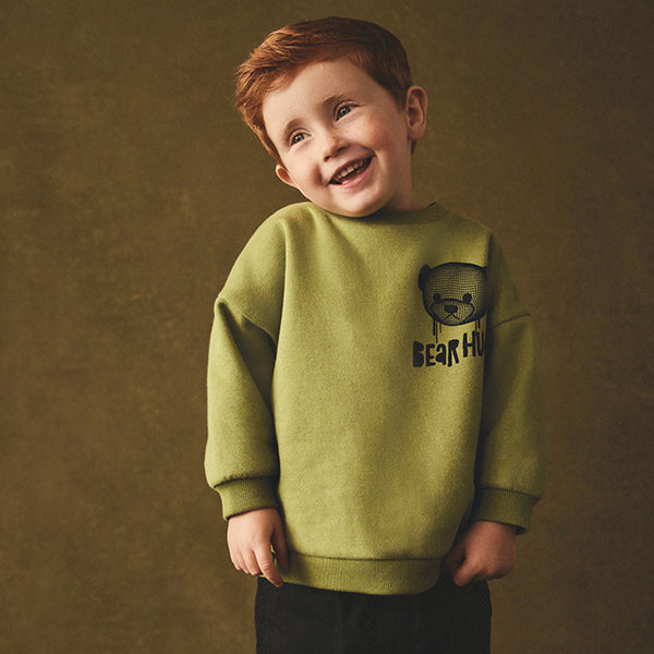 Khaki Green Bear Placement Backprint Crew Neck Sweatshirt (3mths-6yrs)