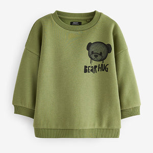 Khaki Green Bear Placement Backprint Crew Neck Sweatshirt (3mths-6yrs)