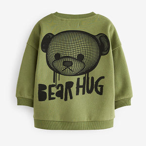 Khaki Green Bear Placement Backprint Crew Neck Sweatshirt (3mths-6yrs)