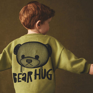 Khaki Green Bear Placement Backprint Crew Neck Sweatshirt (3mths-6yrs)
