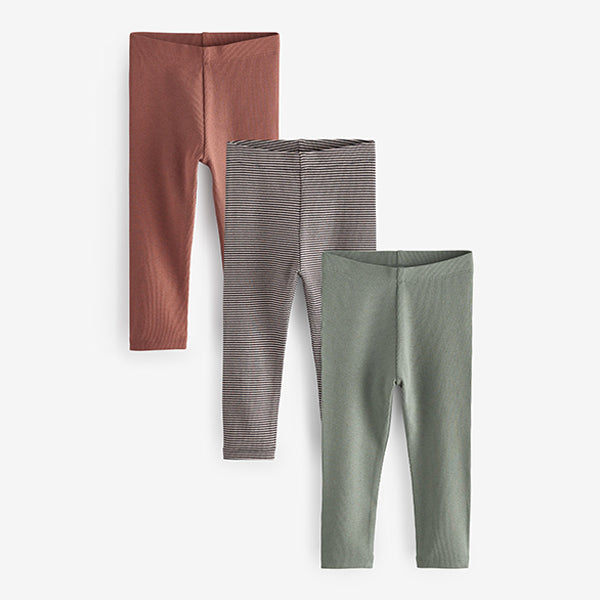 Rust Brown/Sage Green Stripe All Over Print Ribbed Leggings 3 Pack (6mths-5yrs)
