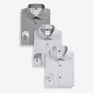 Grey Slim Fit Single Cuff Easy Care Shirts 3 Pack