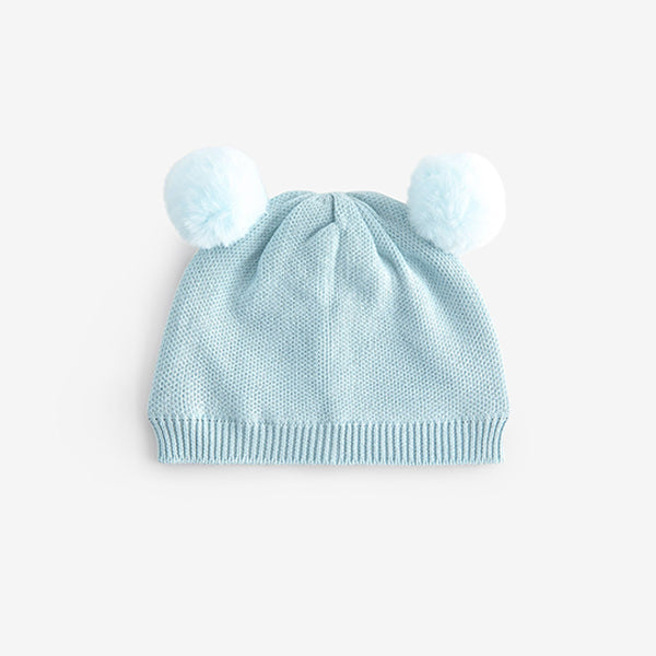 Pale Blue Double Pom Knitted Baby Hat (0mths-2yrs)