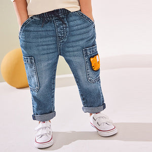Mid Blue Denim with Tiger 100% Cotton Cargo Jeans (3mths-6yrs)