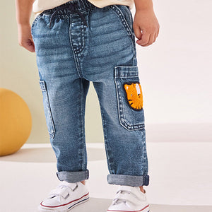 Mid Blue Denim with Tiger 100% Cotton Cargo Jeans (3mths-6yrs)