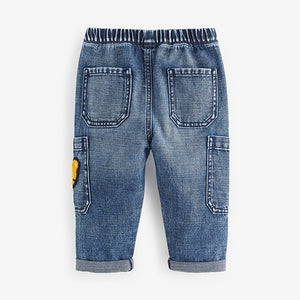 Mid Blue Denim with Tiger 100% Cotton Cargo Jeans (3mths-6yrs)