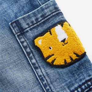 Mid Blue Denim with Tiger 100% Cotton Cargo Jeans (3mths-6yrs)