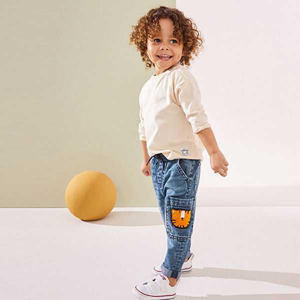 Mid Blue Denim with Tiger 100% Cotton Cargo Jeans (3mths-6yrs)