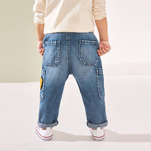 Mid Blue Denim with Tiger 100% Cotton Cargo Jeans (3mths-6yrs)