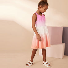 Load image into Gallery viewer, Pink/Apricot Orange Ombre 100% Cotton Jersey Back Detail Tiered Dress (3-12yrs)
