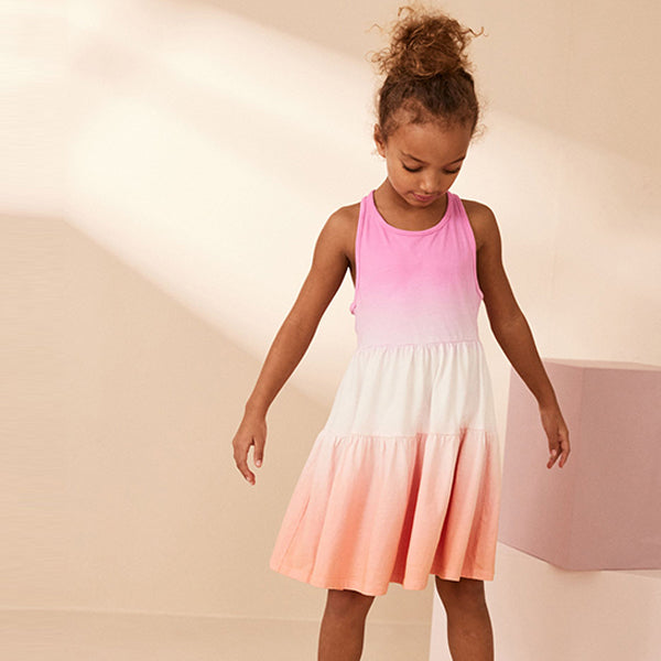 Pink/Apricot Orange Ombre 100% Cotton Jersey Back Detail Tiered Dress (3-12yrs)