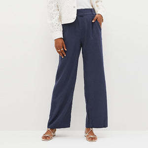 Navy Blue Linen Blend Wide Leg Trousers