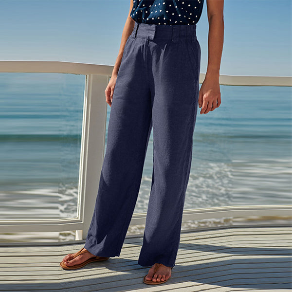 Navy Blue Linen Blend Wide Leg Trousers