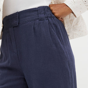 Navy Blue Linen Blend Wide Leg Trousers