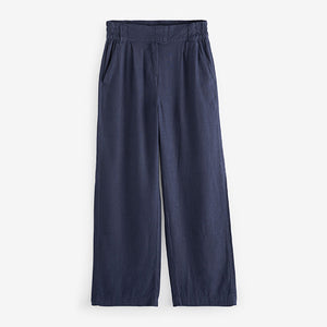 Navy Blue Linen Blend Wide Leg Trousers