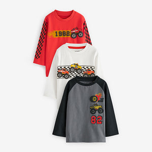 Black/White/Red Long Sleeve Transport T-Shirts 3 Pack (3mths-6yrs)
