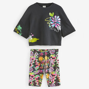 Black Graffiti T-Shirt And Cycling Shorts Set