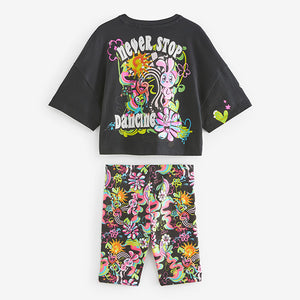 Black Graffiti T-Shirt And Cycling Shorts Set