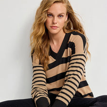 Load image into Gallery viewer, Neutral/Black Stripe Cosy Lightweight Soft Touch Longline V-Neck Jumper Top
