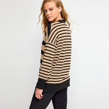 Load image into Gallery viewer, Neutral/Black Stripe Cosy Lightweight Soft Touch Longline V-Neck Jumper Top
