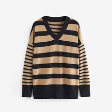 Load image into Gallery viewer, Neutral/Black Stripe Cosy Lightweight Soft Touch Longline V-Neck Jumper Top
