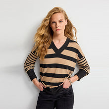 Load image into Gallery viewer, Neutral/Black Stripe Cosy Lightweight Soft Touch Longline V-Neck Jumper Top
