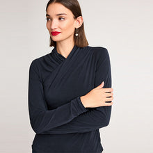 Load image into Gallery viewer, Navy Blue Wrap Neck Modal Rich Long Sleeve Top
