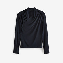 Load image into Gallery viewer, Navy Blue Wrap Neck Modal Rich Long Sleeve Top
