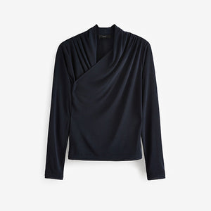 Navy Blue Wrap Neck Modal Rich Long Sleeve Top