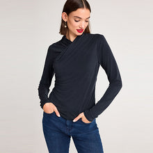 Load image into Gallery viewer, Navy Blue Wrap Neck Modal Rich Long Sleeve Top
