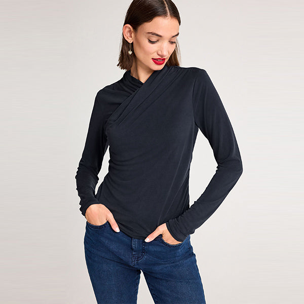 Navy Blue Wrap Neck Modal Rich Long Sleeve Top