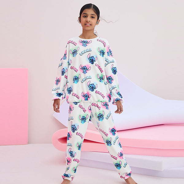 White/Pink License Lilo and Stitch Cosy Fleece Pyjamas (4-12yrs)