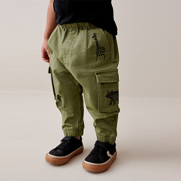 Khaki Green Animals Cargo Trousers (3mths-5-6yrs)