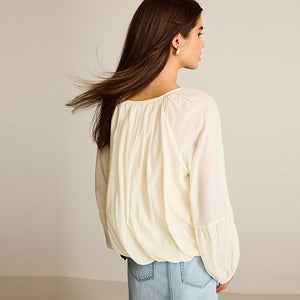 Cream Pleat Front Button Through Long Sleeve Blouse