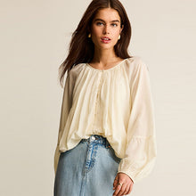 Load image into Gallery viewer, Cream Pleat Front Button Through Long Sleeve Blouse
