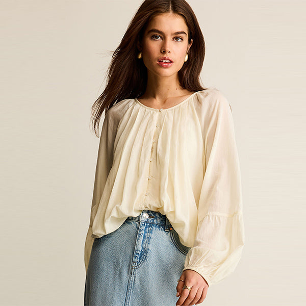 Cream Pleat Front Button Through Long Sleeve Blouse