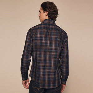 Neutral Brown Check Regular Fit Easy Iron Long Sleeve Single Cuff Oxford Shirt