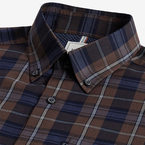 Neutral Brown Check Regular Fit Easy Iron Long Sleeve Single Cuff Oxford Shirt