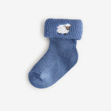 Load image into Gallery viewer, Blue/Neutral Embroidered Roll Top Socks 5 Pack (0mths-2yrs)
