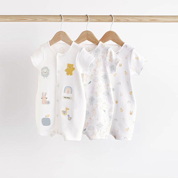 White Farmyard Baby 100% Cotton Rompers 3 Pack (0mths-18mths)