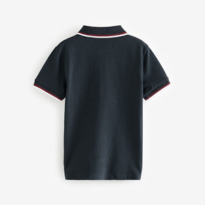 Navy/ Red 100% Cotton Quarter Zip Colourblock Short Sleeve Polo Shirt (3-12yrs)