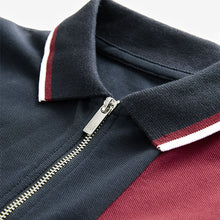 Load image into Gallery viewer, Navy/ Red 100% Cotton Quarter Zip Colourblock Short Sleeve Polo Shirt (3-12yrs)
