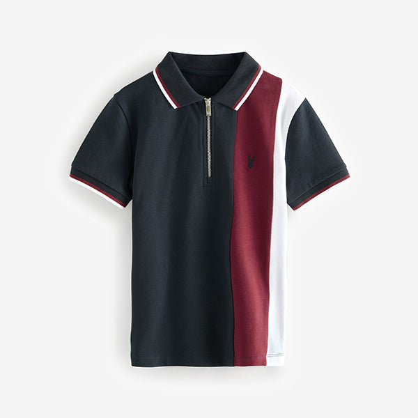 Navy/ Red 100% Cotton Quarter Zip Colourblock Short Sleeve Polo Shirt (3-12yrs)