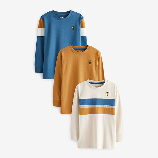 Ochre Yellow/Cream 100% Cotton Long Sleeve Colourblock T-Shirts 3 Pack (3-12yrs)