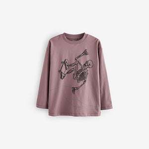 Purple/Stone/Black Skeleton Graphic Print Relaxed Fit Long Sleeve T-Shirts 3 Pack (3-12yrs)