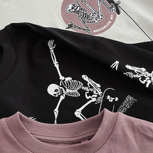 Load image into Gallery viewer, Purple/Stone/Black Skeleton Graphic Print Relaxed Fit Long Sleeve T-Shirts 3 Pack (3-12yrs)
