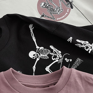 Purple/Stone/Black Skeleton Graphic Print Relaxed Fit Long Sleeve T-Shirts 3 Pack (3-12yrs)